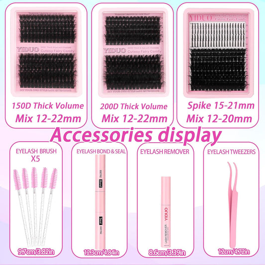 575Pcs Bulk Pack Lashes Clusters Kit with Glue and Removers, D Curl Volume 150D+200D+Spiky Lashes Clusters, 12-21mm Manga Extension Eyelashes DIY Individual False Eyelash Wholesale Pack