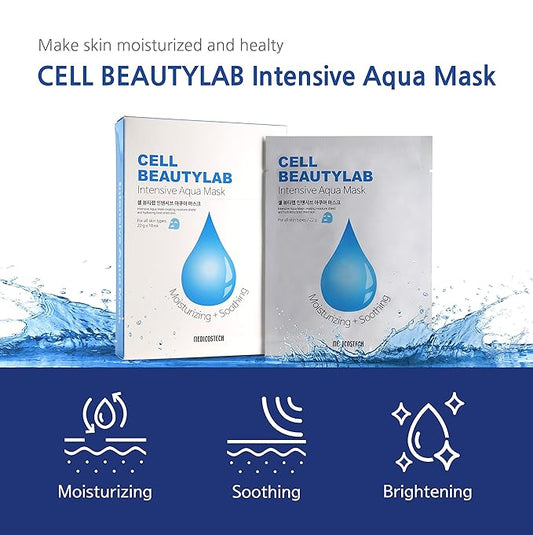 Intensive Aqua Mask 10 Pack | Hydrating, Moisturizing and Soothing Face Sheet Mask for All Skin Types | With Hyaluronic Acid, Panthenol, Shea Butter, Jojob Oil, Witch Hazel