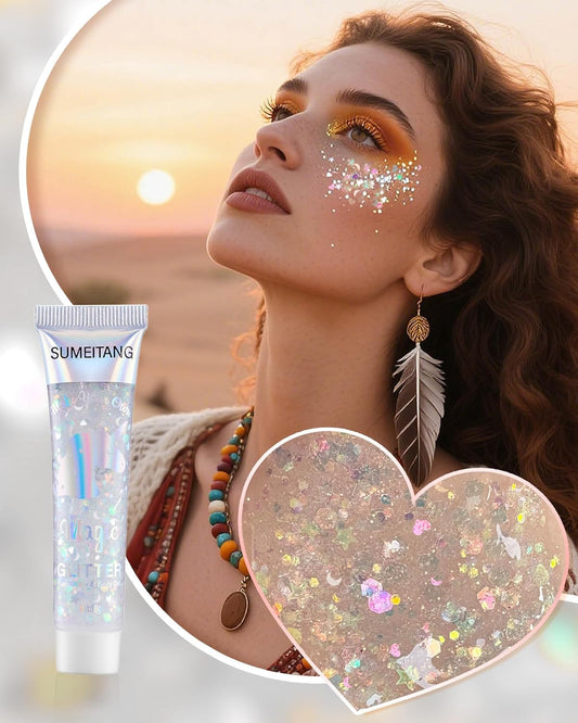 6 Pcs Clear White Face Body Glitter Gel,Holographic Chunky Sequins Body Glitter Paint for Party Singer Concerts Music Festival Rave Accessories for Girls Women Face Body DIY Sparkling Makeup