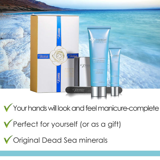 Dead Sea Premier Beautifying Nail Kit Milk and Honey - Salon Quality Manicure, hand & Body Lotion, Cuticle Oil, Nail File, 3 step Buffing Block