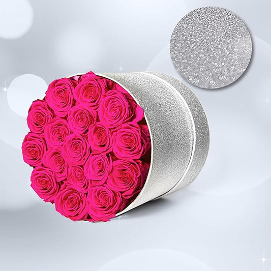 17 Hot Pink Flowers in Glitter Box, Birthday Gifts for Women, Preserved Flowers, Mothers Day Roses Gift for Mom