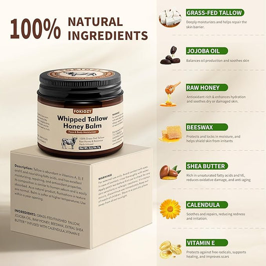 Beef Tallow for Skin, 100% Grass-Fed Whipped Beef Tallow Honey Balm for Face and Body, Tallow Face Moisturizer with Jojoba Oil, Shea Butter for Sensitive, Dry Skin - 2 oz