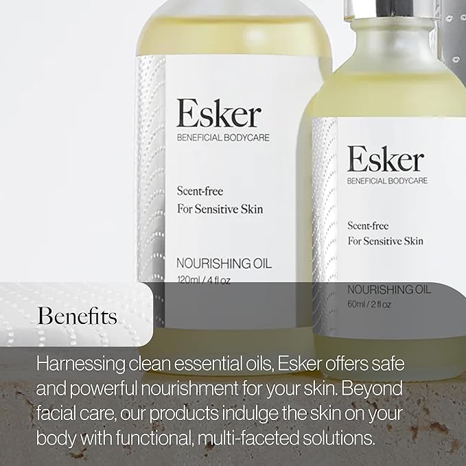 ESKER Nourishing Body Oil For Sensitive Skin Formulated to Hydrate and Retstore Dry Skin Infused with Prickly Pear Oil | Unscented | Vegan | Cruelty-Free Clean Beauty (2 fl oz | 60 ml)