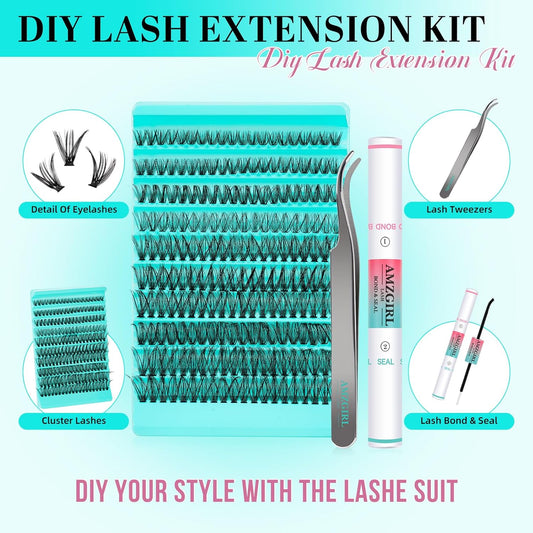 Lash Clusters Kit 200PCS 40D Eyelash Extension Kit D Curl Wispy Eyelash Clusters DIY Natural Individual Lashes Kits Lashes Extensions Kit with Lash Bond and Remover Eyelash Tweezer at Home(White Bond)