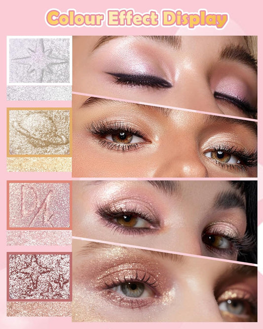 Holographic Multichrome Gold Glitter Eyeshadow&Highlighter Palette, Sparkling Color Shift Metallic Shimmer Face Eye Shadow Palette,Highly Pigmented Creamy Mini Facial Illuminator Fairy Makeup-01