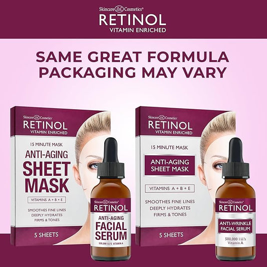 Retinol Anti-Aging Sheet Mask – Hydrating Vitamin-Enriched 15 Minute Treatment With Collagen Anti-Wrinkle Facial Serum – Vitamin-Enriched, Smoothes Fine Lines & Wrinkles