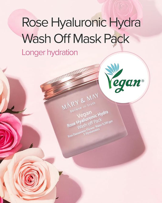 Mary&May Vegan Rose Hyaluronic Hydra Wash Off Mask - Rose Petal and Damask Rose Water Cream Mask for Moisturizing, Exfoliation, and Blackhead Removal - Korean Skincare, 10.1oz.
