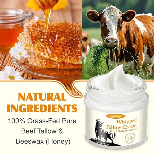 Beef Tallow for Skin, Beef Tallow and Honey Balm for Face & Body, Tallow Face Moisturizer, Organic Grass Fed Whipped Beef Tallow with Honey Beeswax, Beef Tallow Moisturizer Cream -2.0 Oz