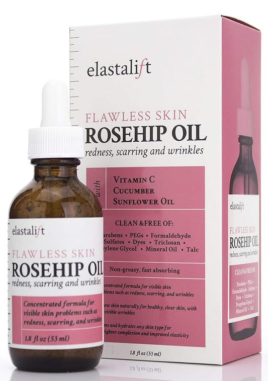 Elastalift Rosehip Oil for face with Vitamin C and Cucumber. Pure Rosehip face oil helps with Wrinkles, Scarring, and Redness for a brighter skin complexion. 1.8 Fl Oz (Pack of 2)