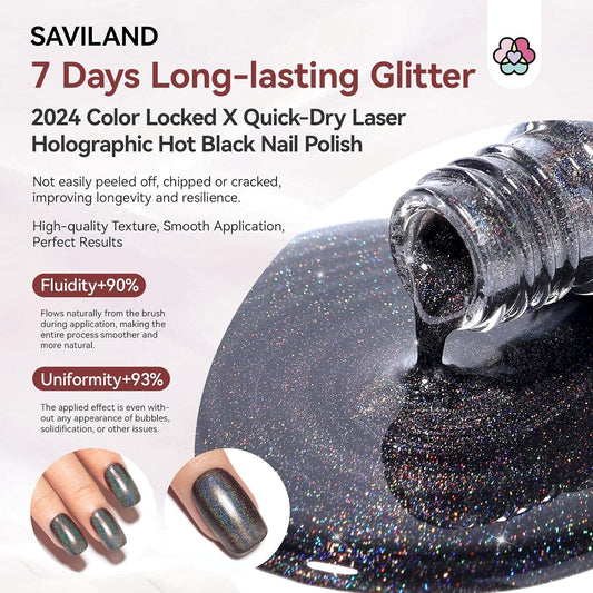 SAVILAND Holographic Black Nail Polish: Metallic Glitter Fingernail Polish Holographic Laser Plant-base Castor Oil Quick Dry Nail Polish Easy Use Remove Chrome Halo Nail Polish Beginner DIY Nail Tech