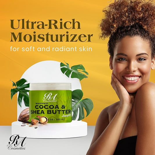 RA COSMETICS Whipped Cocoa & Shea Butter, Lemongrass - 12oz | 100% Pure & Natural Skin Moisturizer with Coconut Oil | Vitamin-Rich Body Butter for Soft, Supple, and Radiant Skin & Healthy Hairs