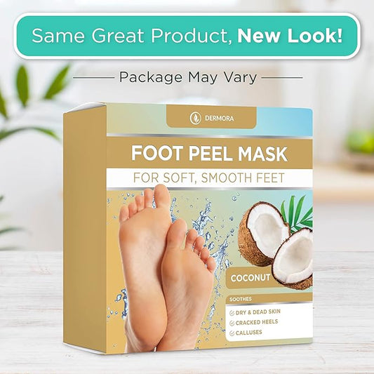 DERMORA Foot Peel Mask - 2 Pack of Regular Size Skin Exfoliating Foot Masks for Dry, Cracked Feet, Callus, Dead Skin Remover for Baby Soft Feet, Coconut Scent