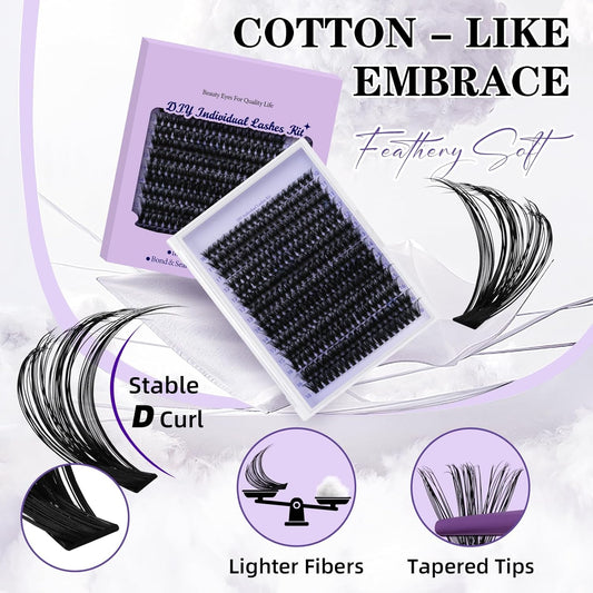 B&Qaugen Lash Extension Kit 280Pcs Volume Individual Lashes Kit Superfine Individual Eyelashes 10-18mm Soft D Curl Eyelash Clusters Kit with Bond and Seal Tweezers for Self Use (Kit,70D-10-18MIX)