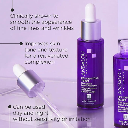 Andalou Naturals Age Defying Bakuchiol Plant-Based Retinol Face Moisturing Cream, 1.7 Ounce + Age Defying Rejuvenating Serum with Bakuchiol Plant-Based Retinol, 1 Oz, Minimize fine lines & Wrinkles