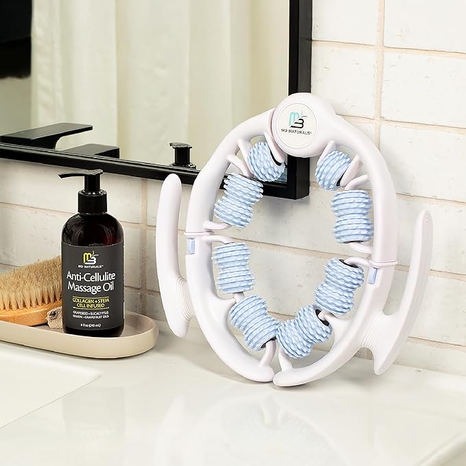 M3 Naturals Anti Cellulite Oil and Lymphatic Drainage Massager Kit | Fascia Blaster for Contoured & Smoother Skin | Muscle Roller for Sore Arms, Legs, Stomach & Buttocks