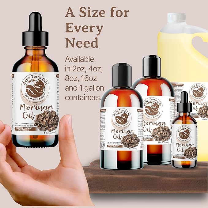 Bella Terra Oils - Organic Moringa Seed Oil 2oz - A Blend of Nature's Best, High in Oleic Acid & Vitamin E, For a Touch of Luxurious Smoothness