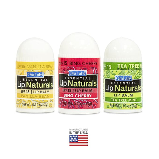 Lip Naturals Assorted Mini Lip Balms with Sunscreen (SPF-15) & Keychain - 12 Count, 3 Flavors: Tea Tree Mint, Vanilla Bean, Bing Cherry (0.10oz/3g Each) - Made in USA