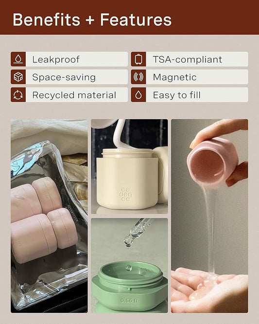 Cadence Travel Containers - Core Skincare Set - Magnetic Travel Capsules - 2 Small (0.56oz) & 3 Medium Capsules (1.32oz) with Cleanser, Moisturizer, Serum, Makeup Remover & Sun-Icon Label - Petal