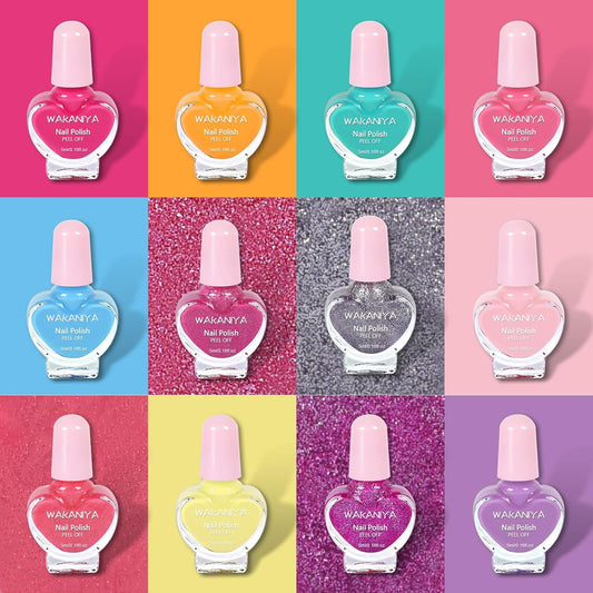 Kids Nail Polish Set - Non Toxic, Quick Dry Peel Off Girls Nail Polish 12 Colors with Glitter Stickers and PVC Organizer Bag