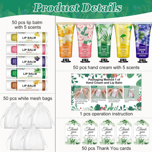 50 Sets Hand Cream Bulk and Lip Balm Bulk Gifts, Bridal Shower Favors, Bridesmaid Gifts and Baby Shower Party Favors for Guests with Thank Card Organza Bags, Thank You Gifts and Small Gifts for Women