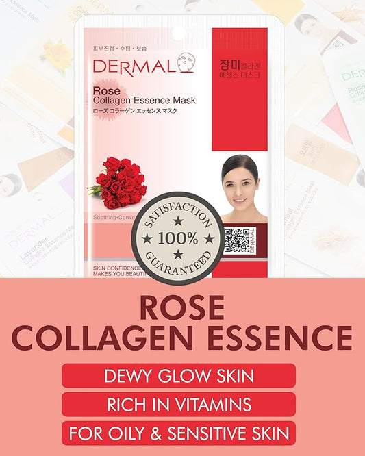 DERMAL Rose Collagen Essence Facial Mask Sheet 23g Pack of 10 - Refreshing & Moisturizing for Tried and Dry Skin, Calming, Daily Skin Treatment Solution Sheet Mask