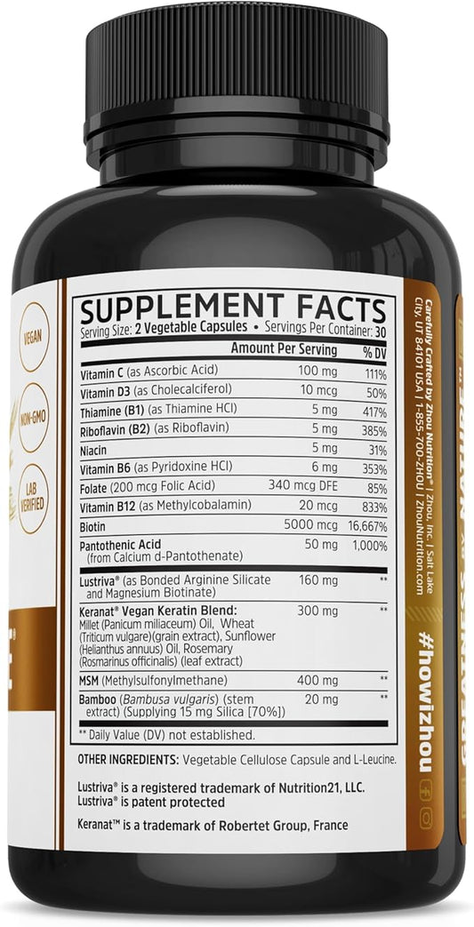 Zhou Hairfluence - Vegan Biotin Supplement for Hair Growth for Men & Women, Supports Stronger, Healthier Hair, Nails, & Glowing Skin with B Vitamin Complex - 60 Veggie Capsules (Pack of 1)
