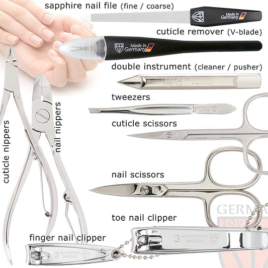 3 Swords Germany - brand quality 10 piece manicure pedicure grooming kit set for professional finger & toe nail care scissors clipper fashion leather case in gift box, Made by 3 Swords (00286)