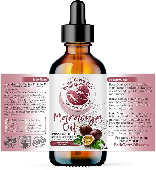 Bella Terra Oils - Maracuja Seed Oil 4oz - Dive into The Passion Fruit's Nutritional Profile, Enriched with Vitamin A & Essential Fatty Acids, for Natural Skin Nourishment