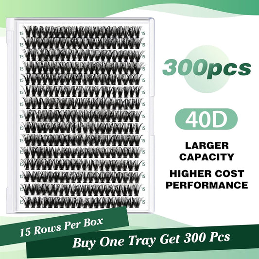 Lash Clusters 300pcs Individual Lashes 40D 0.07C Curl 15mm DIY Eyelash Extension KEYYOU Large Tray Volume Soft&Natural Cluster Lashes(40D-0.07C,15)