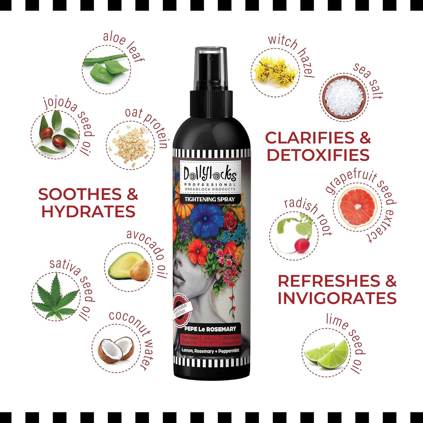 Dollylocks Dreadlock Tightening Spray for Locs - Pepe Le Rosemary, Lemon Rosemary Peppermint - Strengthen, Tame Frizzy Dreads, Residue-free for Loose Hair, 8oz