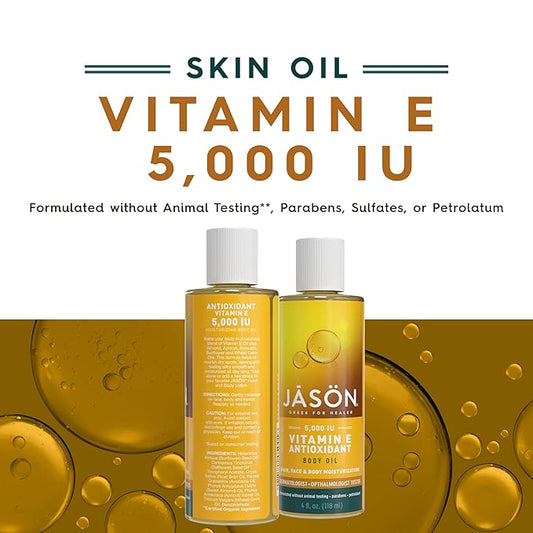 JASON Vitamin E 5,000 IU Moisturizing Body Oil, For Hair, Face, and Body, 4 Fluid Ounces