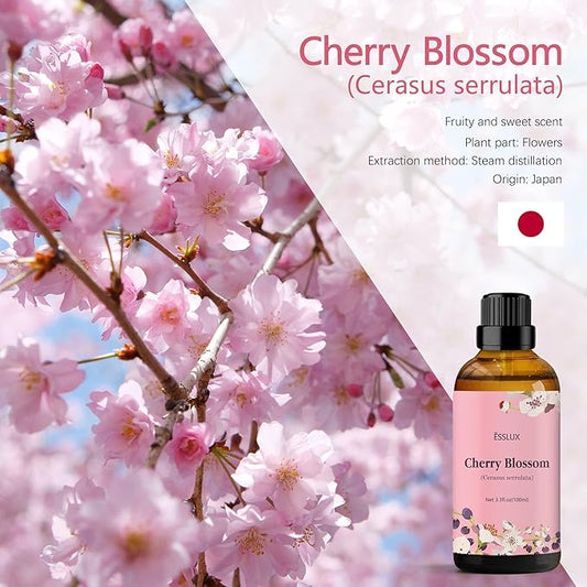 Cherry Blossom Essential Oil 100ml, ESSLUX Aromatherapy Oils for Diffuser, Massage, Soap, Candle Making, Perfume