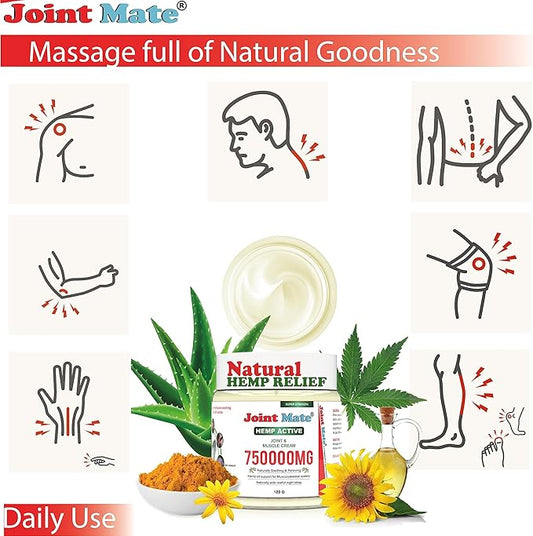 Hemp Cream HIGH Strength for Joint & Muscle Natural Massage Knee Hands Feet Shoulder Neck Lower Back- Non GMO- Clean- Organic Relief rub Balm