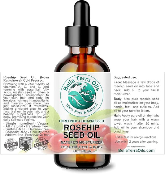 Bella Terra Oils - Organic Rosehip Seed Oil 2 oz - Cold-Pressed Elixir, Rich in Vitamin A, C, & E, Linoleic & Alpha-Linolenic Acid, Perfect Facial Emollient