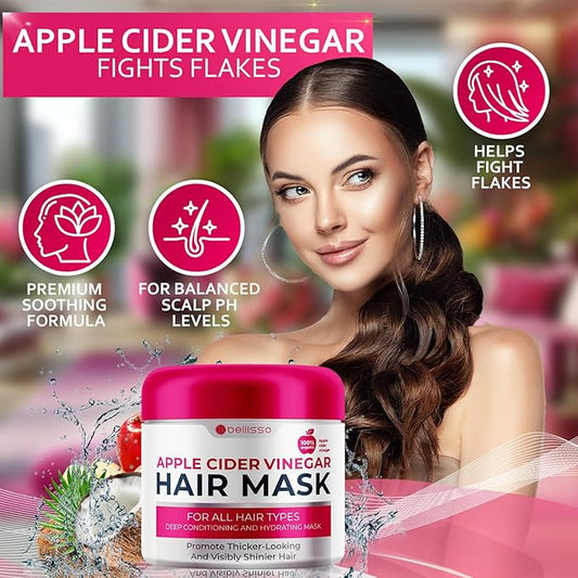 Apple Cider Vinegar Deep Conditioning Mask - Treatment for Dry Damaged Hair and Split End Repair - Sulfate Free Formula with Collagen, Keratin and Argan Oil - For Flaky Scalp and Dandruff Relief