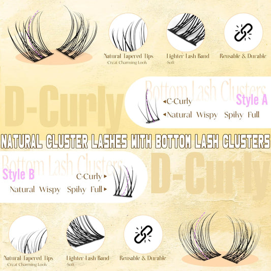 Ruairie Lash Clusters Kit Natural Lash Extension Kit 4 Styles Wispy Eyelash Extension Kit D-Curly Eyelash Clusters Kit 156pcs Cluster Eyelash Extensions Kit with Bottom Lash Clusters