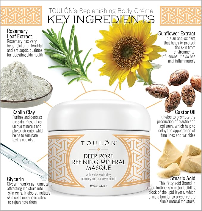 TOULON Kaolin Clay Mask for Face with White Kaolin Mineral Clay. Soft Pure Healing Mask with Minerals to Reduce Wrinkles and Blackheads & Detox Skin - Improve Complexion for Women or Men