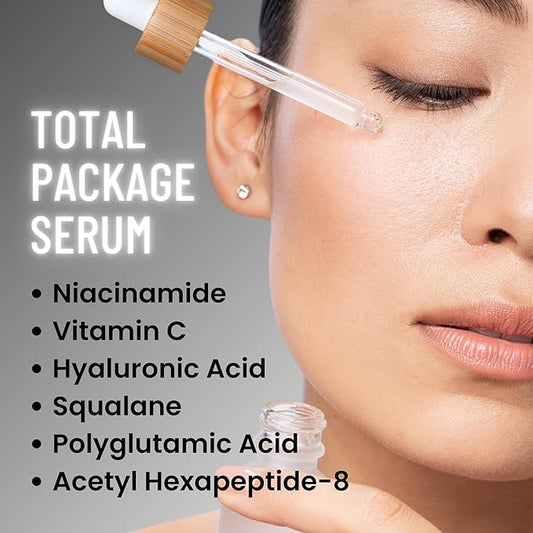 Total Package Serum - Vitamin C - Hyaluronic Acid - Acetyl Hexapeptide-8 - Niacinamide Serum - Argireline - Botox in a Bottle and Pore Minimizer for Face -For All Ages, Skin Types and Genders - 50ml