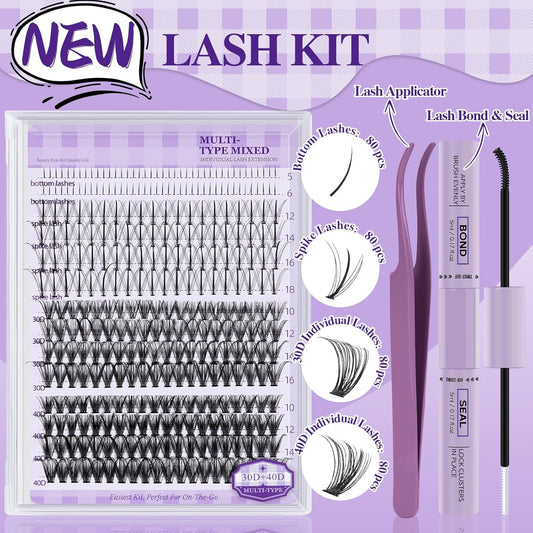 B&Q Lash Extension Kit with Spikes 30D+40D Lash Clusters Kit with Spikes Multi-Type 10-16 Mixed Eyelash Extension Kit with Bottom Lashes, 7D Spike Fans, Individual Lashes, Lash Tweezer(spike-30D+40D)