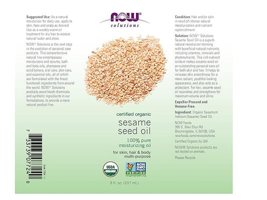 NOW Solutions, Organic Sesame Seed Oil, 100% Pure Moisturizing Oil for Skin and Hair, with Vitamins, Minerals and Phytonutrients, 8-Ounce (Pack of 5)