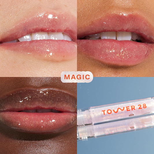Tower 28 ShineOn Lip Jelly, MAGIC | Non-Sticky, Vegan Lip Gloss in Clear with Gold Shimmer | 5 Nourishing Oils | Moisturizing, Clean, Cruelty Free,0.13 Fl Oz (Pack of 1)