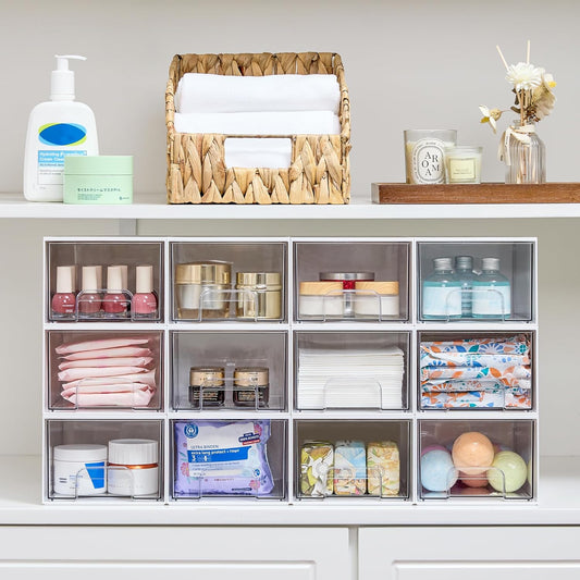 Vtopmart 4Pack Stackable Storage Drawer, 4.4'' Tall Bathroom Makeup Organizer,Plastic Storage Bins For Vanity, Undersink, Kitchen Cabinets, Pantry, Home Organization(White)