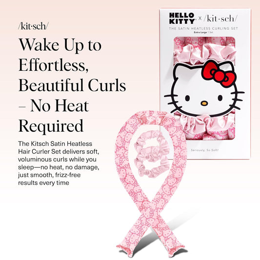 Hello Kitty x Kitsch Satin Heatless Hair Curler Set - Heatless Curls Overnight, Hair Rollers for Soft Curls & Frizz-Free Styling, No Heat Curlers To Sleep in, Curling Rod Headband - Pink Kitty Faces