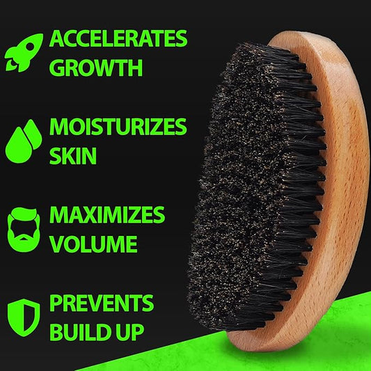 GROW First Cut Boar Bristle Beard & Wave Brush for Men 360 - Beard/Hair Growth Follicle Stimulator - Exfoliate - Detangle - Moisturize - Improve Circulation & Blood Flow (USA)