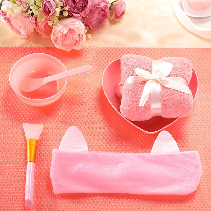 48 Pcs Spa Party Supplies for Women Face Mask Mixing Bowl Spa Towel Heart Bowl Stick Spatulas for Sleepover Party(Pink)