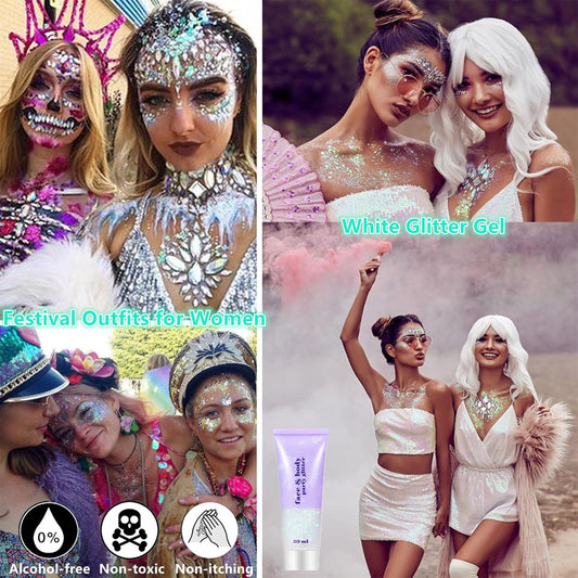 Go Ho Clear White Face Body Glitter - Party Flash Festival Rave Outfits for Women&Kids,Holographic Glitter White Face Paint,Halloween Mermaid Fairy Makeup Chunky Sequins Gel,Rave Pride Accessories