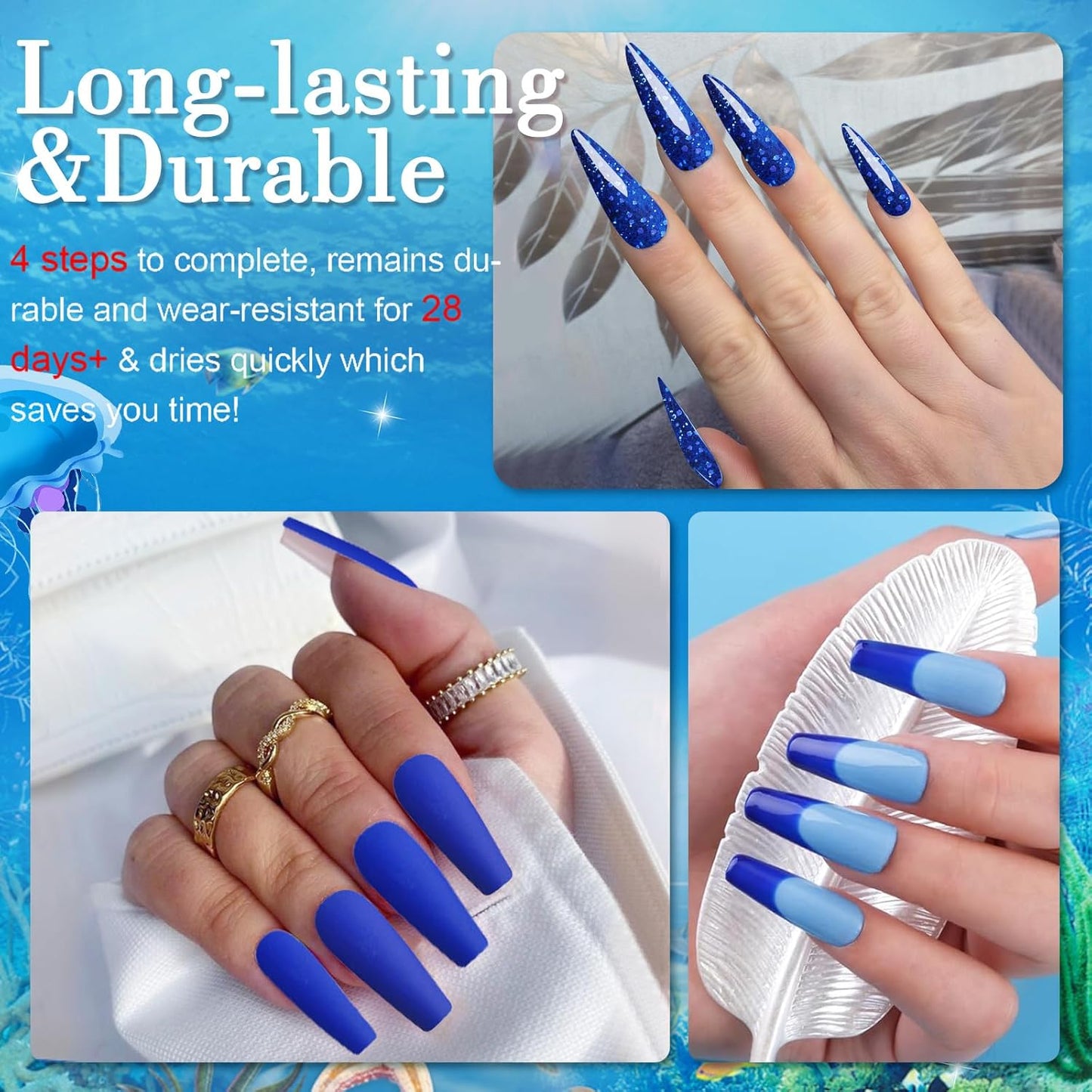 Honey Joy Dip Powder Nail Kit Starter,4 Colors Navy Blue Sky Blue Purple Glitter Dipping Powder Liquid Set with Base Top Coat for Nail Art Manicure Salon DIY No LED Nail Lamp Needed,Dip-7pcs-04