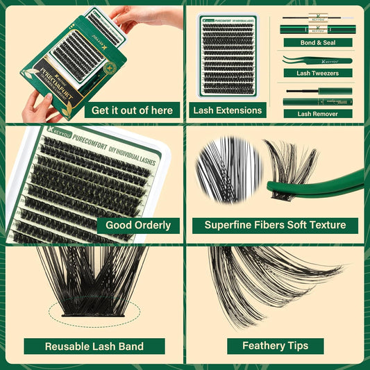 KEYYOU DIY Lash Extension Kit - 280pcs Soft Clusters - 100D Curl - Easy to Apply with Bond, Seal & Remover - At Home