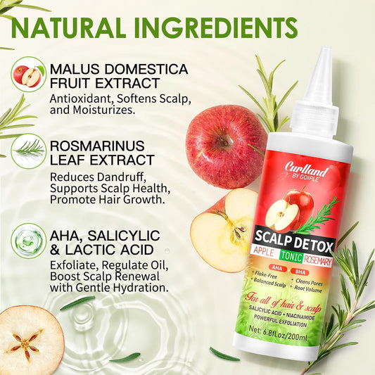 Rosemary & Apple Scalp Exfoliating Tonic - Scalp Detox Serum Deep Cleansing & Clarifying Treatment for Buildup, Dry Flaky Scalps - Soft Silicone Hair Scalps Massager Shampoo Brush for All Hair Types