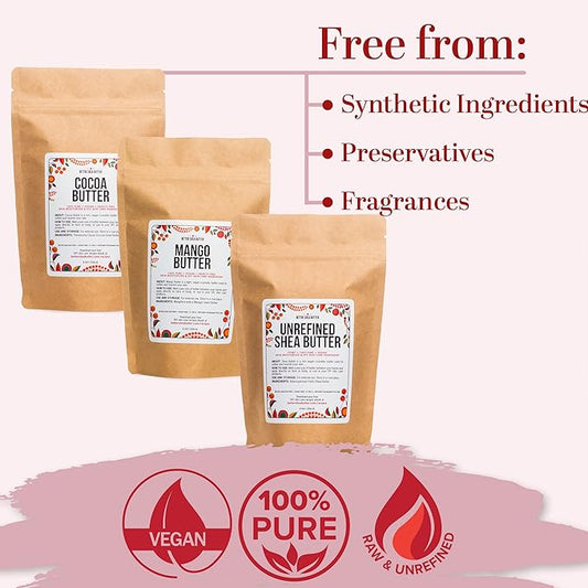 Better Shea Butter Set of Raw Shea Butter, Raw Mango Butter, Unrefined Cocoa Butter For Soap Making and DIY Body Butters, Lip Balms, Body Lotions - Each Jar is 8 oz Making 24 oz Total (3-Bar Set)